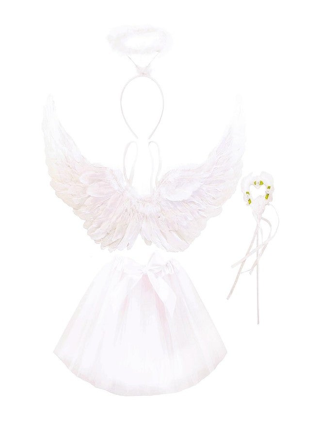 Nishine Angel Costume Set Fairy Feather Wing Skirt with Halo Wand Dress Outfit (White) - Image 1